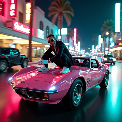 AI-generated photo: Overview A high-energy, stylized nighttime street scene shows a retro supercar racing through a neon...
