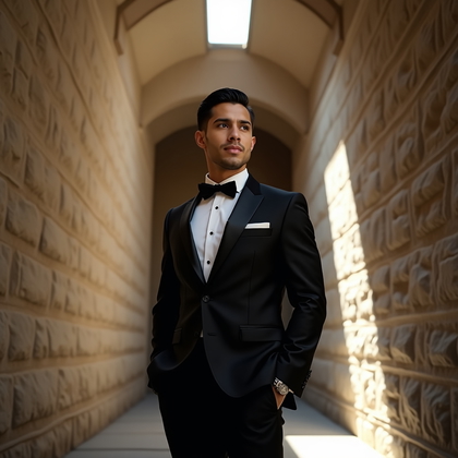 AI-generated photo: Photorealistic wedding head-and-shoulders portrait in a historic stone corridor with a slender clere...