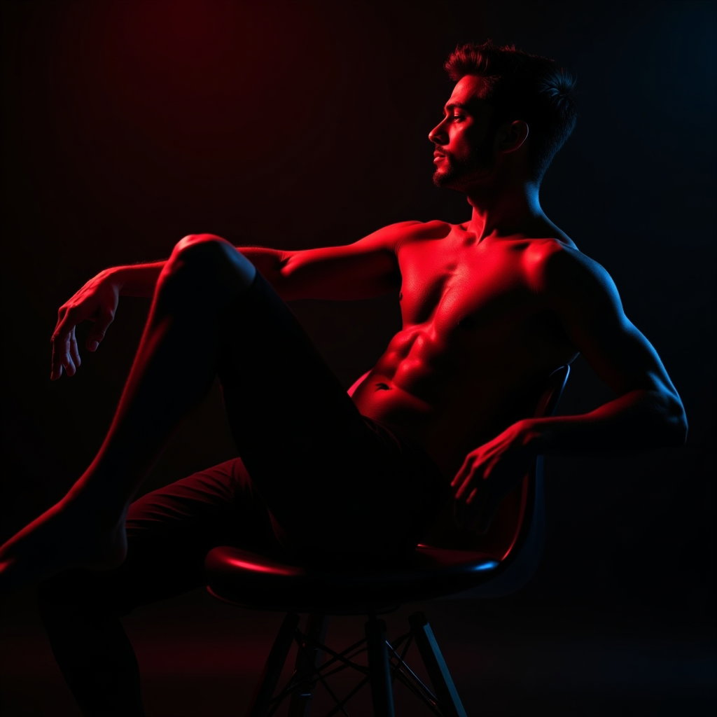 AI-generated photo: Photorealistic studio portrait. The subject sits sideways on a chair, legs turned away from the came...