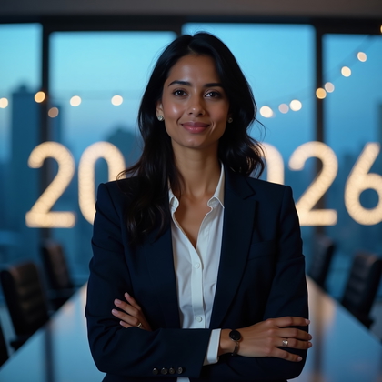 AI-generated photo: Professional headshot. Executive boardroom at dusk with skyline lights twinkling beyond glass, delic...