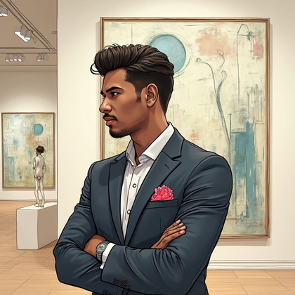 AI-generated photo: **Photorealistic line art profile portrait in a modern art gallery, featuring a 26-year-old mixed-ra...