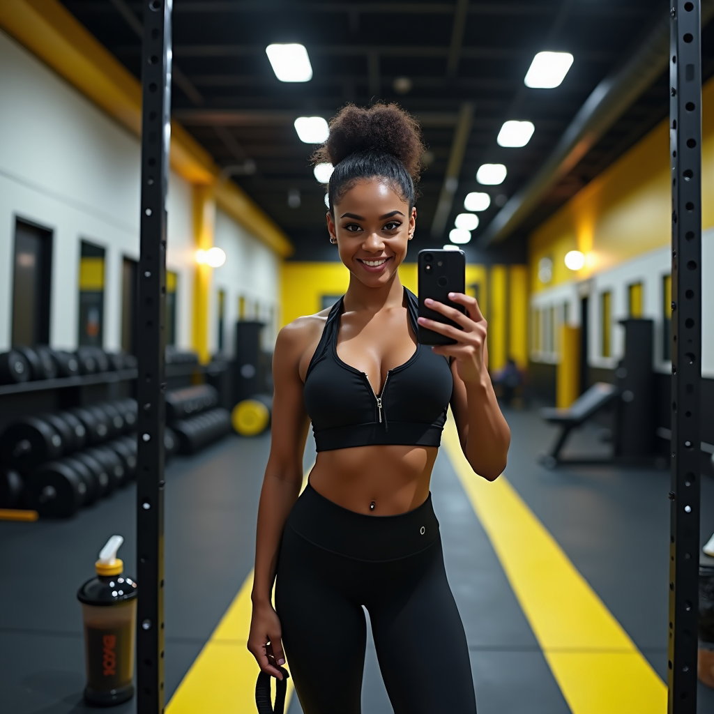 AI-generated photo: Photorealistic gym mirror selfie photo in a hardcore training zone with black-and-yellow floor marki...