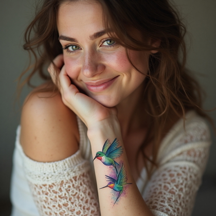 AI-generated photo: Photorealistic photography of a woman showcasing a watercolor-style tattoo of a pair of hummingbirds...