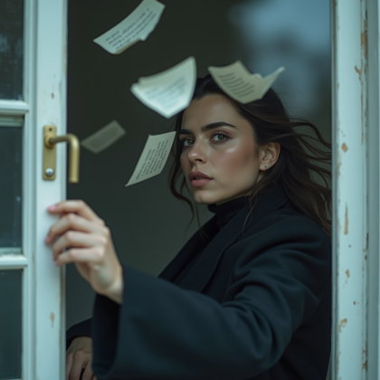 Mirror Reflection Poetcore Portrait With a Handwritten Letter example: Photorealistic portrait photography, a motion/action mirror reflection portrait where the subject turns quickly toward a