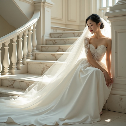 AI-generated photo: Photorealistic wedding photography on marble steps where the bride barely occupies the edge of the l...