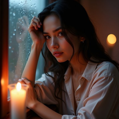 Romantic Close-Up With Loose Hair and Tired Eyes example: Dating profile photo, romantic tight close-up with the face clearly visible, leaning near a rain-speckled window with on