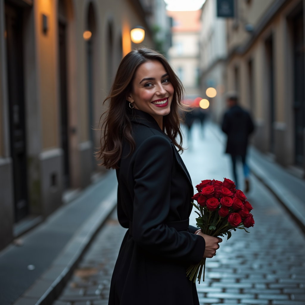 Soft Gothic Morning Portrait example: Dating profile photo. Motion portrait walking through a quiet cobblestone lane at dawn, coat moving softly with each ste