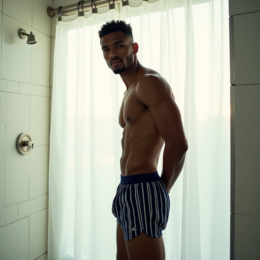AI-generated photo: Photorealistic editorial fitness photography with a translucent white locker-room shower curtain glo...