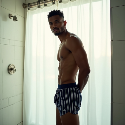 AI-generated photo: Photorealistic editorial fitness photography with a translucent white locker-room shower curtain glo...