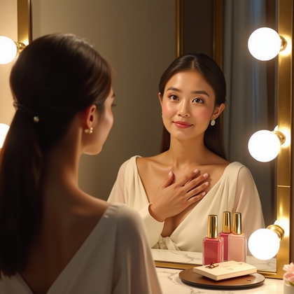 AI-generated photo: Photorealistic wedding photography of a mirror pep-talk in a modern hotel vanity, warm bulbs casting...