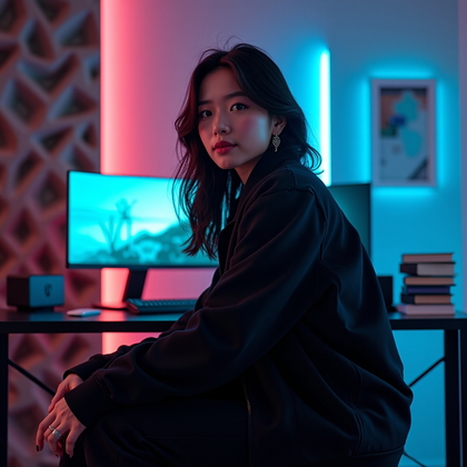 AI-generated photo: Photorealistic fashion portrait photography style, intimate but powerful upper-body streamer portrai...