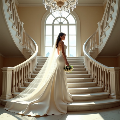 AI-generated photo: Photorealistic wedding photography. At the base of a sweeping marble staircase beneath a crystal cha...