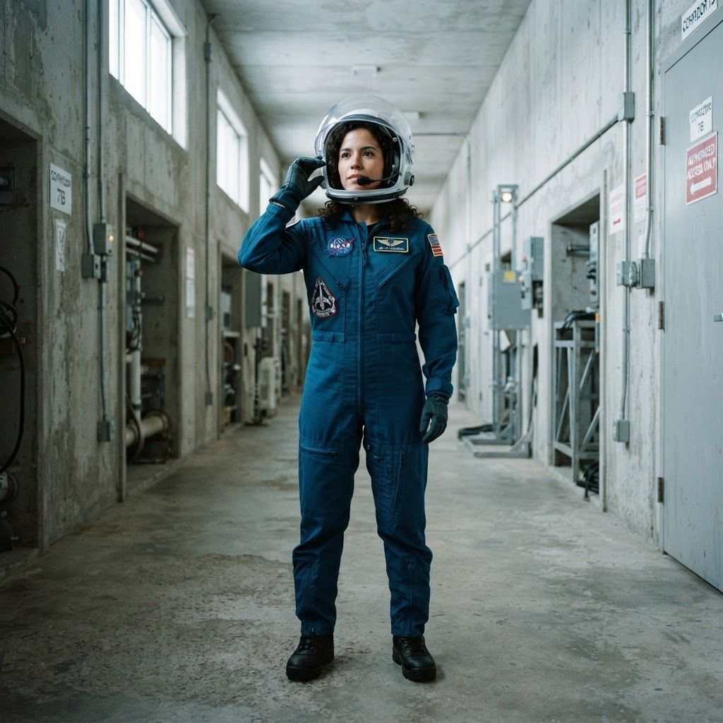 Astronaut in a Concrete Corridor: Cinematic head-to-toe photo in a concrete corridor lined with shallow wall recesses.