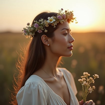 Wildflower Crown Poet Portrait in Golden Hour Light example: Photorealistic poetcore portrait photography. Profile/avatar crop with a wildflower crown framing the top of the image,