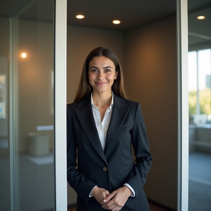 LinkedIn photo at the threshold of a glass-front focus pod in a modern office, the felt-lined interior softly aglow and the small occupancy light glowing subtly above the door, while the open floor beyond falls into an elegant blur of neutral tones and clean lines. Frame vertically from mid-chest up with the doorframe forming a gentle architectural vignette, and position the subject just inside the pod facing outward in tailored business attire, shoulders relaxed yet ready, hands out of frame to keep the portrait streamlined. Light with a large, soft key just outside the pod angled to mimic window daylight, plus a delicate bounce from camera-right for eye socket openness, and a feathered back kicker from inside the pod to trace the outer shoulder. Maintain an easy, confident expression with intent eye contact, chin level, and micro-relaxed mouth corners for credibility without stiffness. Keep wardrobe textures matte and non-reflective, avoid busy patterns, and ensure nothing crosses or obscures the face. Deliver a polished, photorealistic corporate aesthetic with smooth background bokeh, precise color fidelity, and a subtle vignette that guides attention to the eyes.