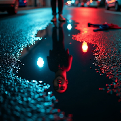 Rain-Soaked Street Escape Portrait example: Cinematic horror portrait photo. Unexpected creative variation showing the subject reflected in a large rain puddle on t