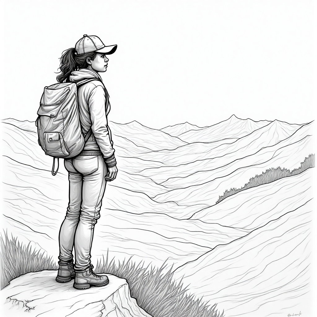 AI-generated photo: **Line Art** illustration of a person standing at a cliff edge, overlooking an expansive landscape t...