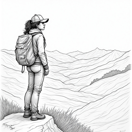 AI-generated photo: **Line Art** illustration of a person standing at a cliff edge, overlooking an expansive landscape t...