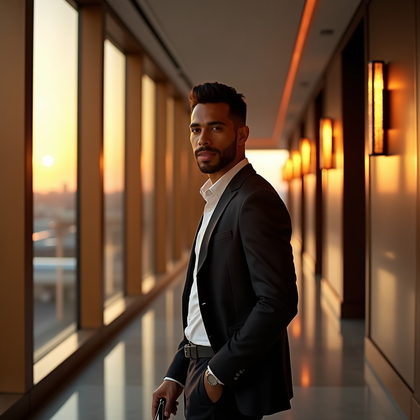 AI-generated photo: Photorealistic portrait photograph in a sleek airport-hotel corridor, where a tall narrow window-fra...