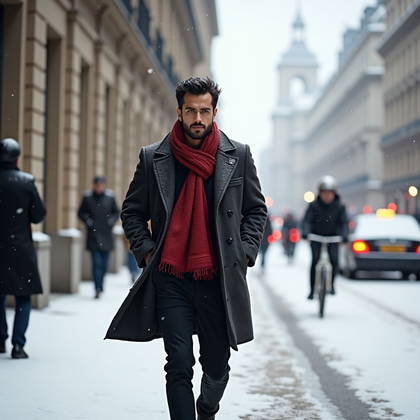 AI-generated photo: Photorealistic street fashion photography: daytime snowfall along a grand boulevard of classic stone...