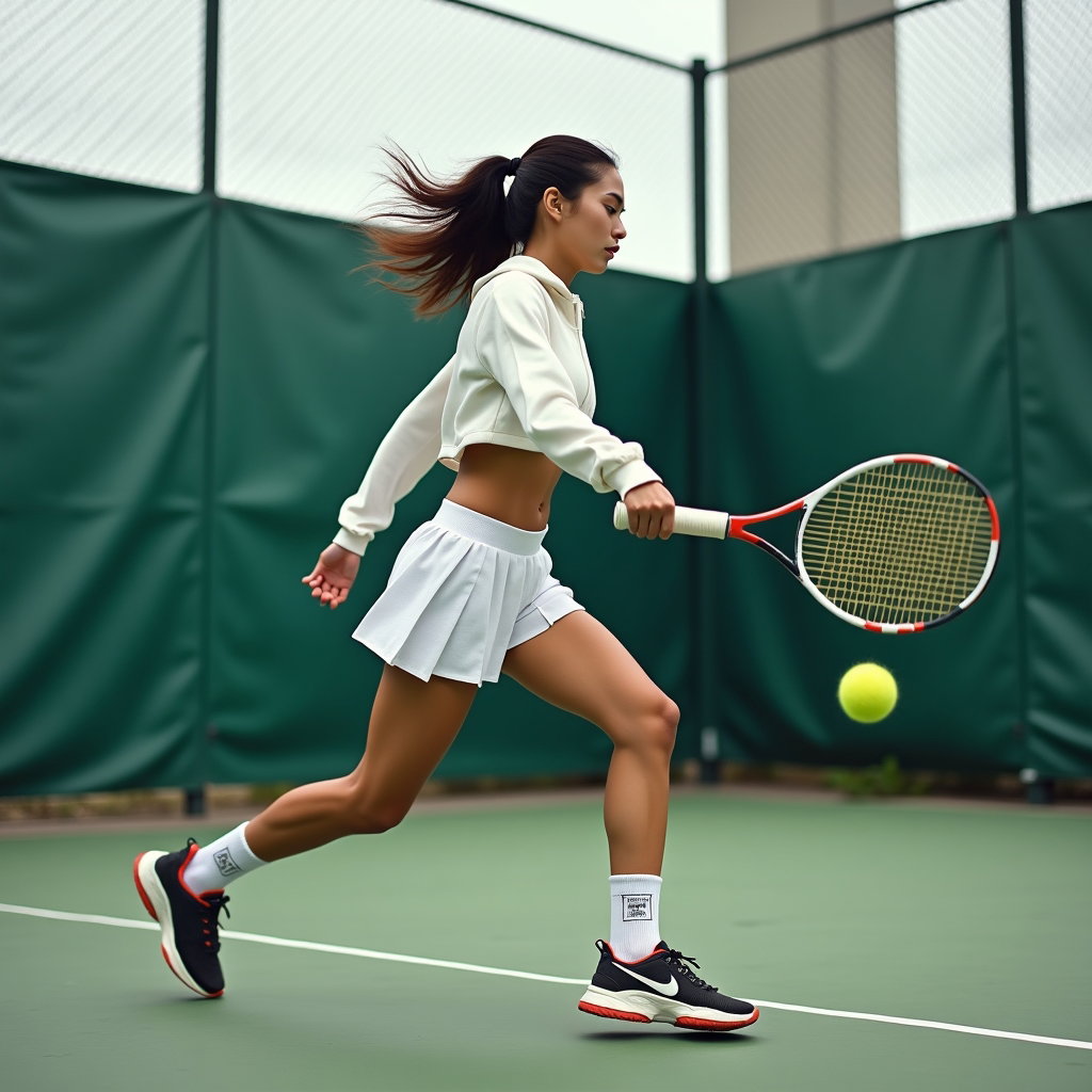 Edgy Street-Style Tenniscore Portraits example: Photorealistic fashion portrait photography. Motion/action portrait on a gritty public court, the subject captured mid-s