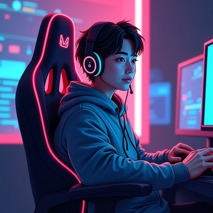 AI-generated photo: Stylized digital illustration portrait. The character is seated in a virtual throne-like gaming chai...