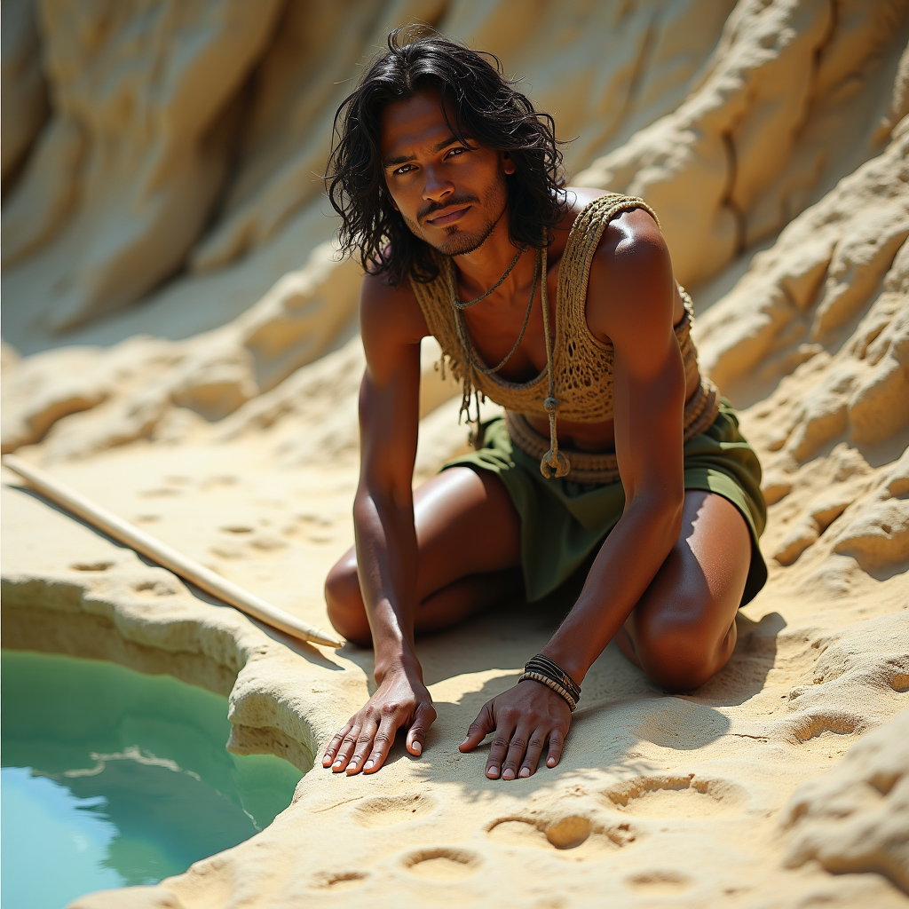 AI-generated photo: Photorealistic photography of a track reader crouch atop a sun-bleached limestone karst, the subject...