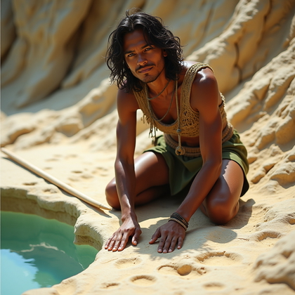 AI-generated photo: Photorealistic photography of a track reader crouch atop a sun-bleached limestone karst, the subject...