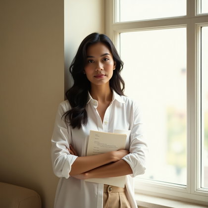 Soft Windowlight Poetcore Portrait in a White Shirt example: Photorealistic portrait photography. Editorial hero image with the subject centered beside a large window, wearing a cle