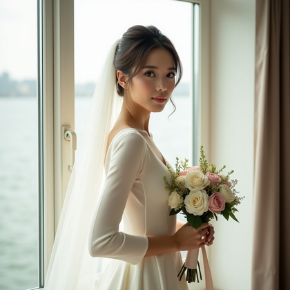 AI-generated photo: Photorealistic wedding photography by a large window with luminous, directional light shaping the sc...