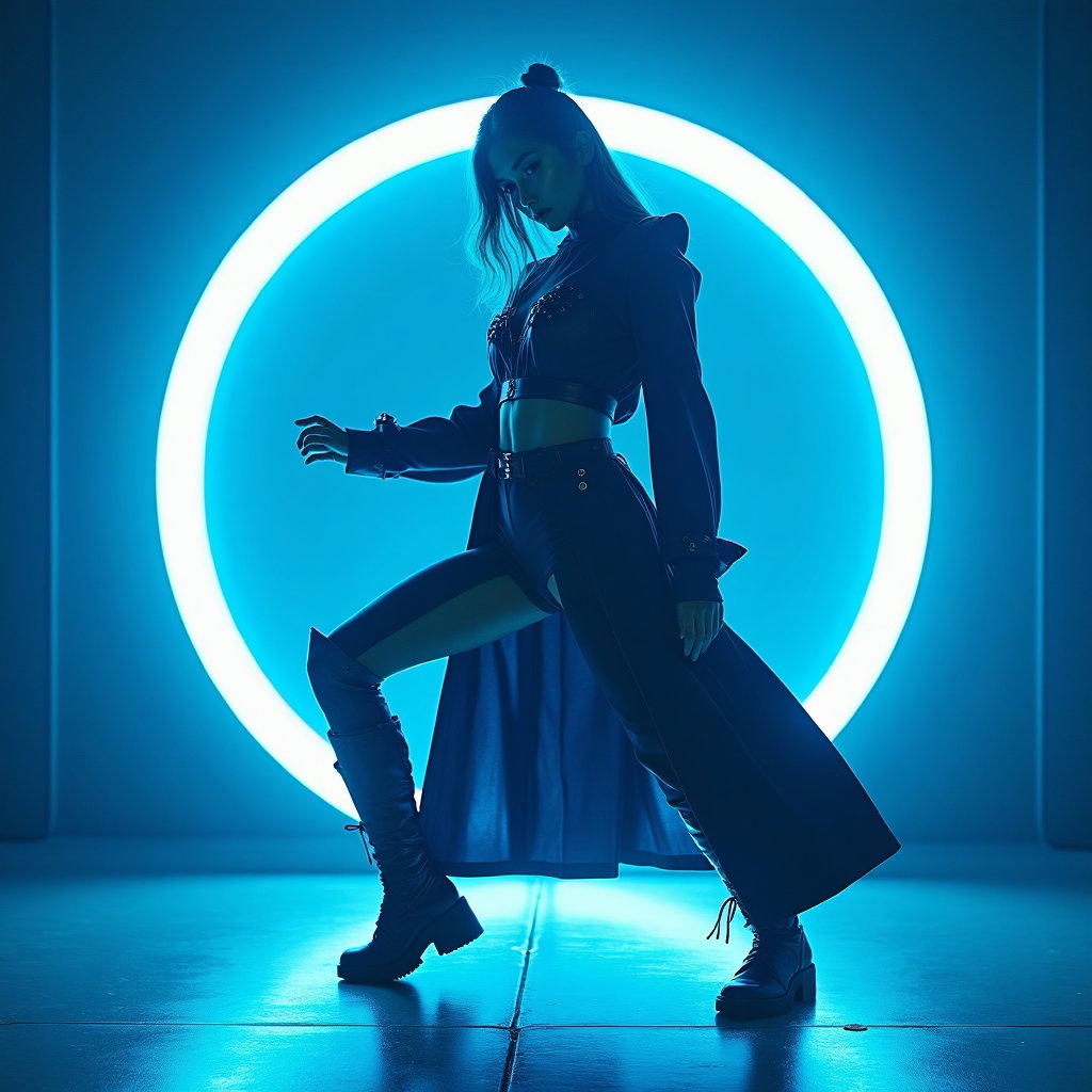 Dance-Pose Battle Portrait example: Cinematic K-pop fantasy portrait photography. Full-body dance-battle stance with feet planted wide, torso turned, one ha