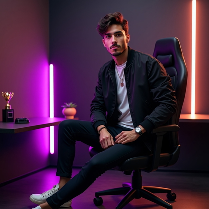 AI-generated photo: Photorealistic fashion portrait photography style, dynamic three-quarter body portrait of a streamer...