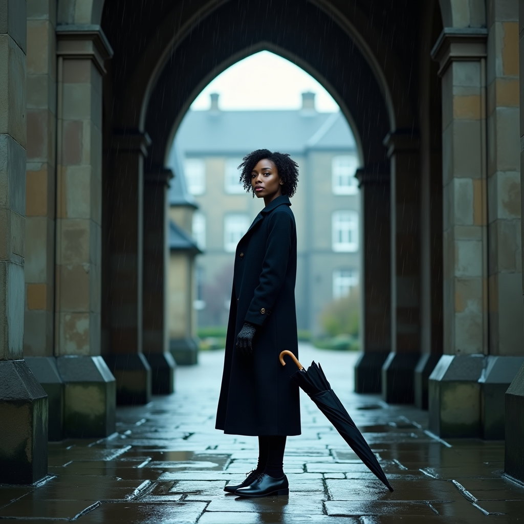Rainy Courtyard: Full-body outdoor portrait of one person in a rainy stone university courtyard, standing just inside a pointed arch with wet cobblestones…