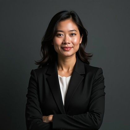 AI-generated photo: Professional headshot on a low-key charcoal backdrop, corporate styling with a tailored jacket and n...