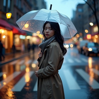 Photorealistic street portrait on a rain-slicked city avenue at blue hour, the subject standing mid-crosswalk beneath a clear umbrella with warm shopfront reflections pooling on the asphalt, tailored trench and scarf styled smart-casual, body turned three-quarters with a confident head tilt toward the lens, crisp facial focus with bright catchlights, low viewpoint and leading lines from painted stripes drawing the eye to the face, soft rim from backlit drizzle and gentle bounced fill from wet pavement.