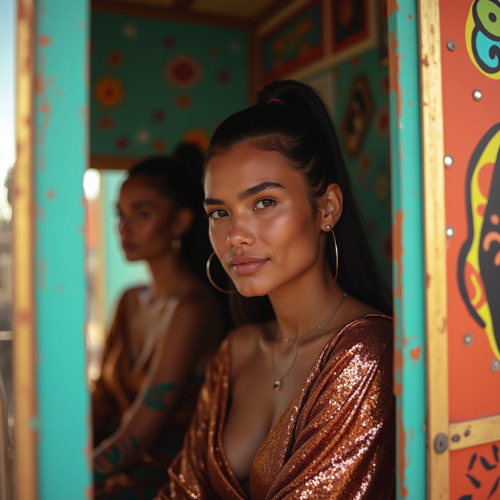 Dusty Desert Festival Look example: Photorealistic festival avatar portrait photography. Chest-up square crop of a solo subject framed in the doorway of a s