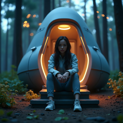 AI-generated photo: Photorealistic cinematic space photography. The figure sits on the steps of a landed, futuristic spa...