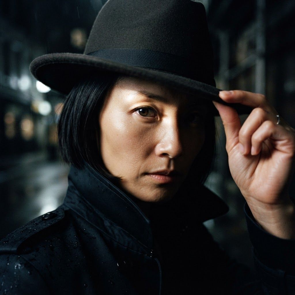 Private Eye Close-Up: Extreme close-up private detective portrait, single person framed from hat brim to upper collar.