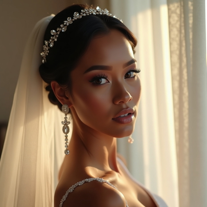 AI-generated photo: Photorealistic bridal beauty photo with a tight crop from forehead to upper neckline, soft morning l...