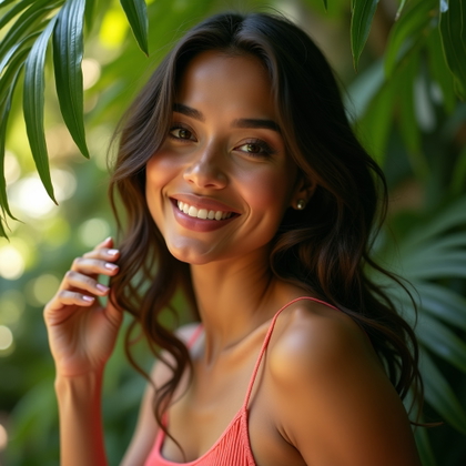 Tropical Garden Walkout Shot example: Photorealistic dating profile photo, close-up tropical garden walkout portrait with the subject stepping through glossy