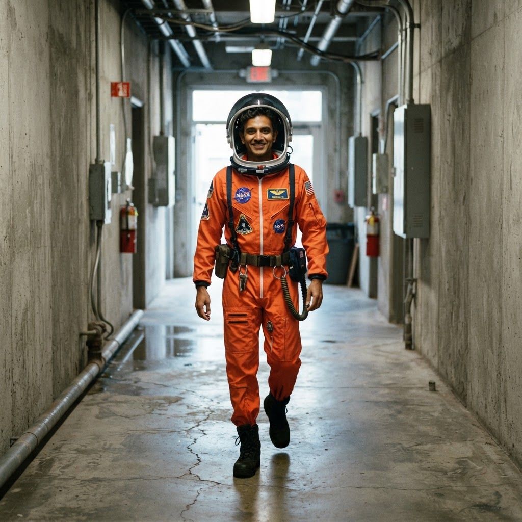 Astronaut in a Concrete Corridor: Full-body personal portrait in a narrow concrete service corridor, walking toward the viewer with one foot forward.