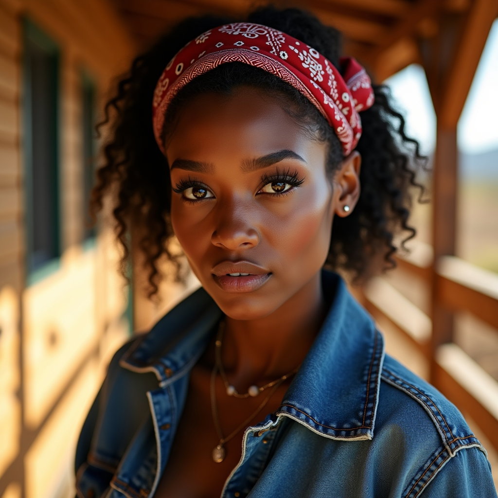 AI-generated photo: Fashion editorial photography, a close-up western fashion portrait featuring a neatly folded bandana...