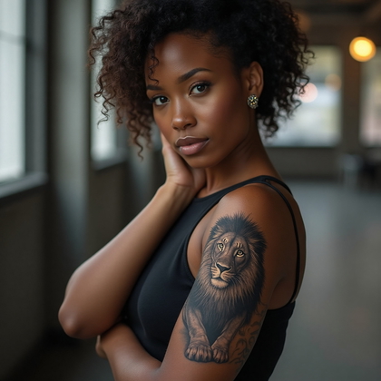AI-generated photo: Photorealistic photography of a woman revealing an exquisite black and gray realism tattoo of a lion...