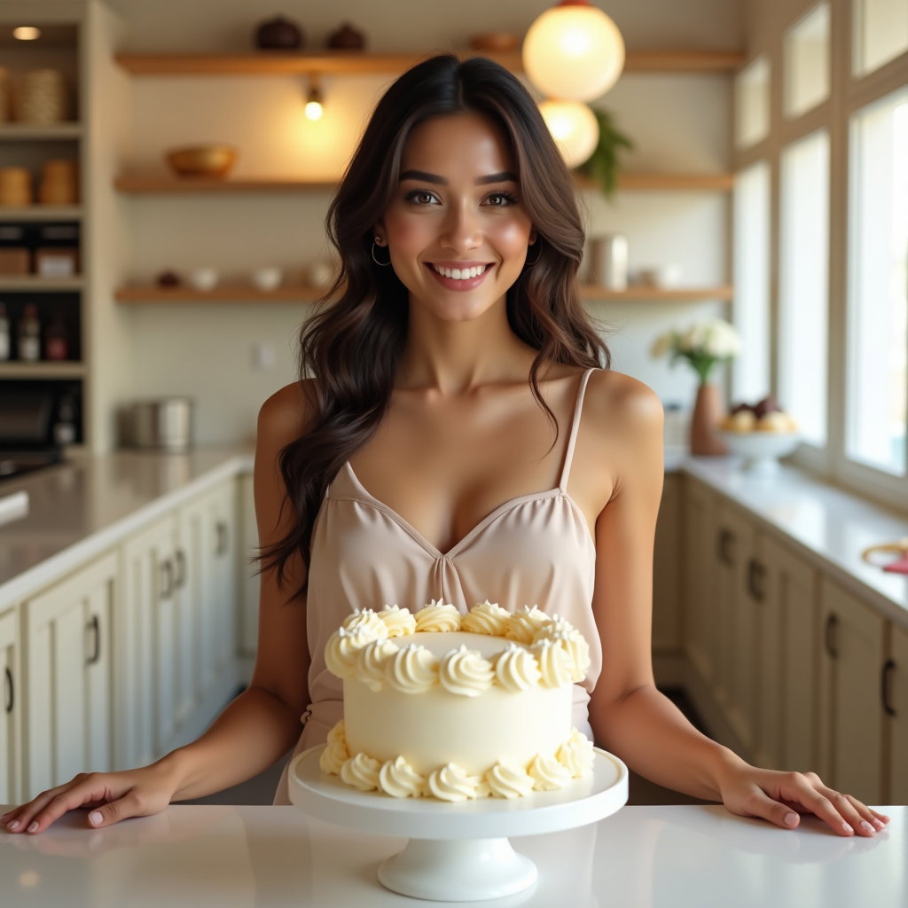 Full-Body Birthday Pose Ideas That Look Confident example: Photorealistic portrait photography. Half-body birthday portrait at a boutique bakery counter, with the person standing