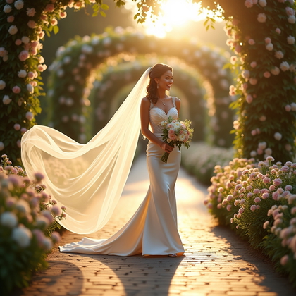 AI-generated photo: Photorealistic wedding photography — sun-drenched garden walkway with cascading florals, the bride s...