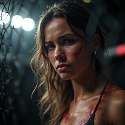 AI-generated photo: Photorealistic dramatic close-up photograph of a UFC fighter moments after a hard-fought battle. The...