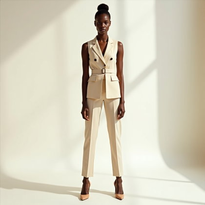 Gilet de tailleur et pantalon : portrait de studio minimaliste en pied sur fond continu blanc chaud.