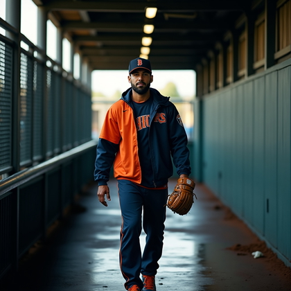 AI-generated photo: Photorealistic professional sports photography of a pregame stride in partial uniform—warm-up jacket...