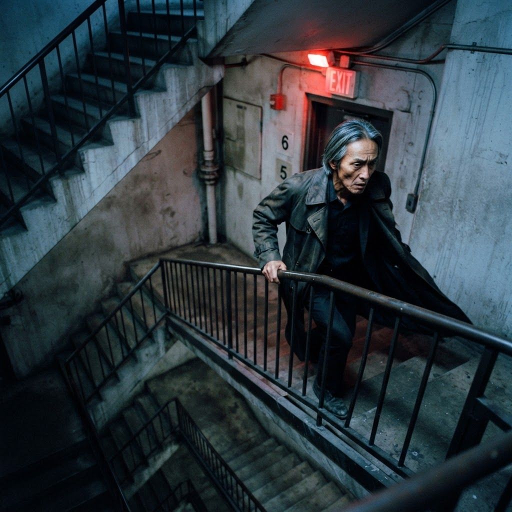 Stairwell Escape: Neo-noir stairwell escape scene from a high overhead angle, one visible person rounding a landing with one hand dragging along the rail,…