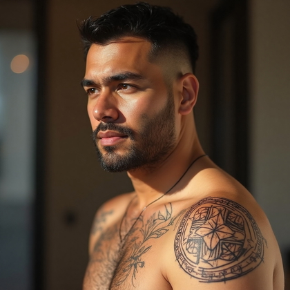 AI-generated photo: Photorealistic photography of a 35 years old man with a minimalist abstract tattoo on his upper arm....
